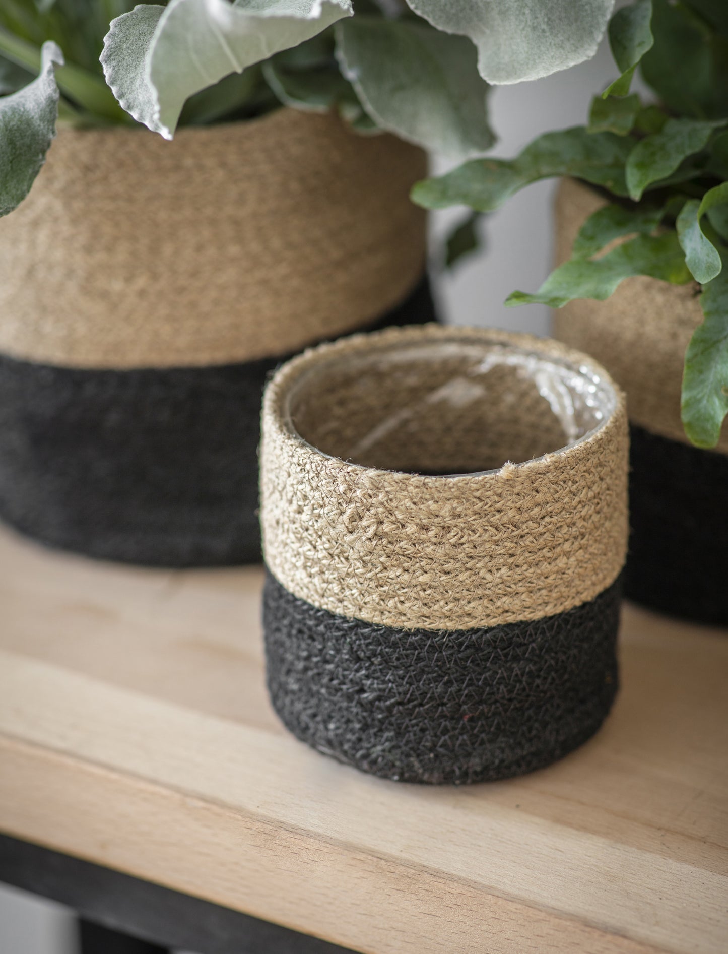 Jute Striped Pots (Set of 3) Black & Natural
